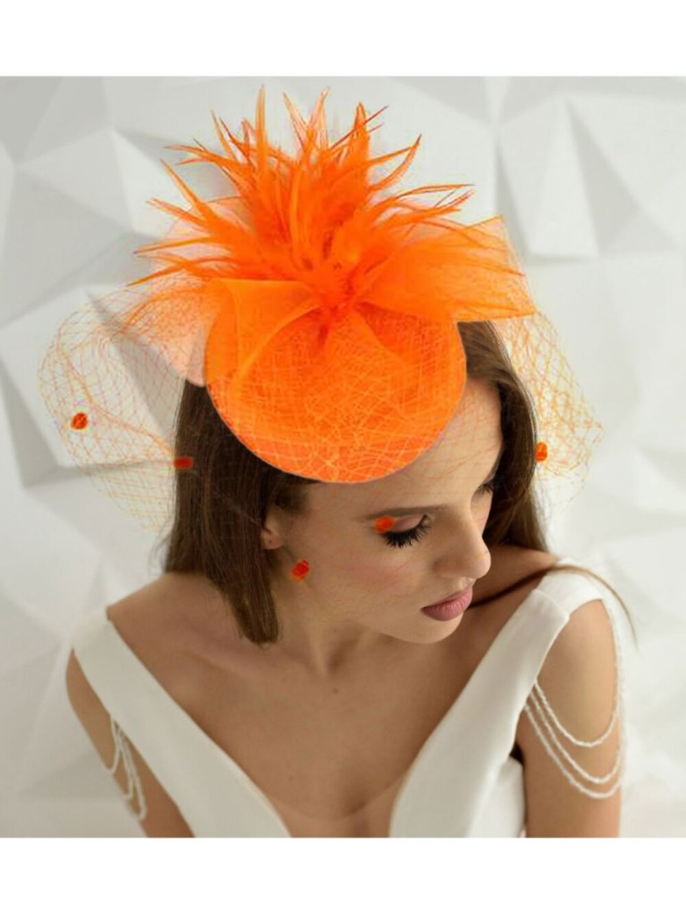 Tigerstars Orange Feather Mesh Fascinator Headband